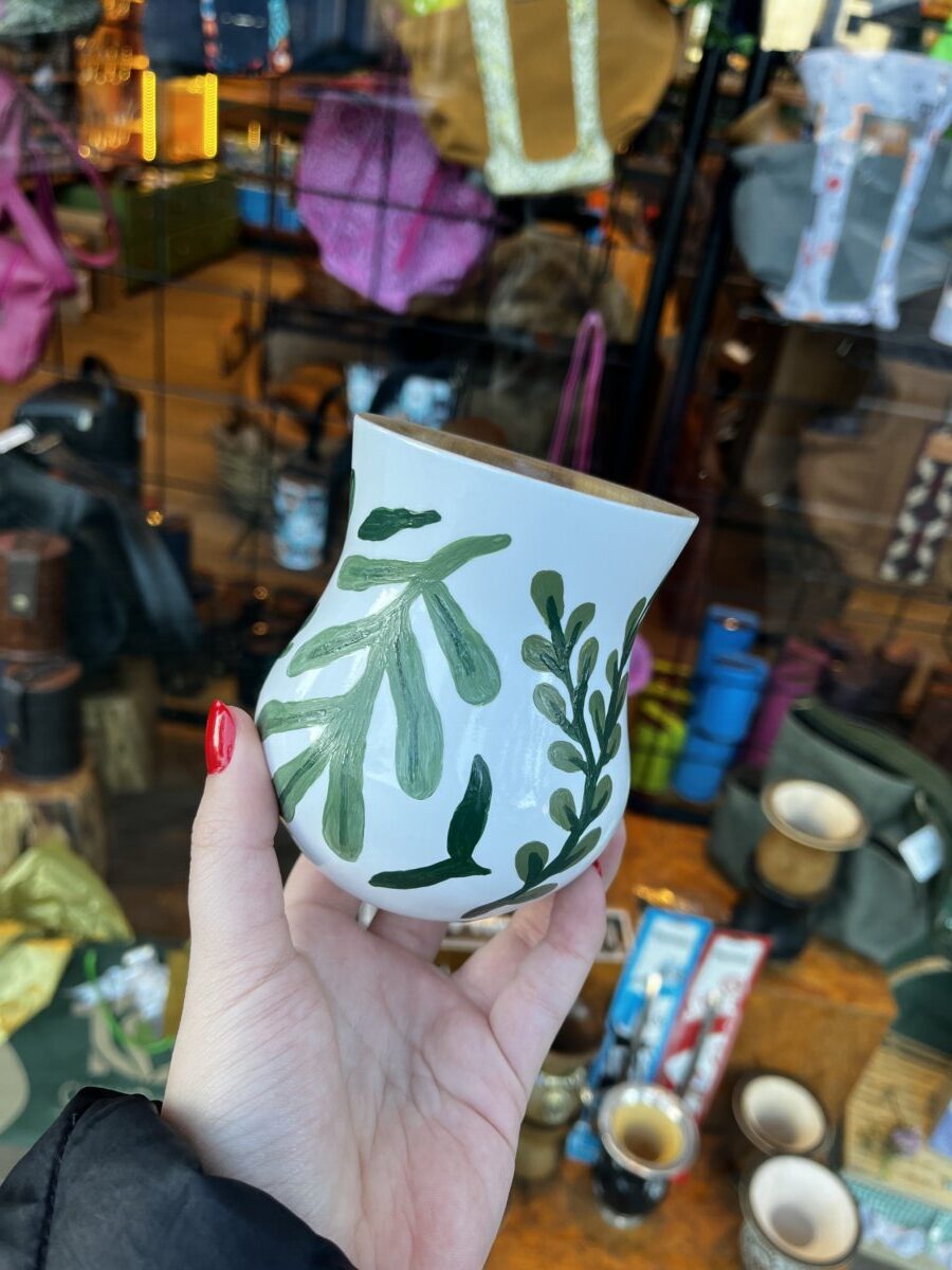 Cuia de madeira - branco + folhas